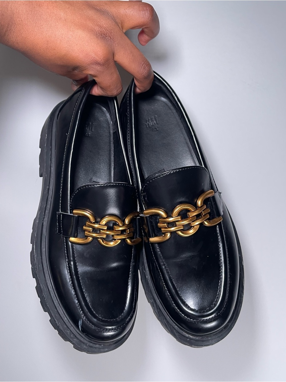 Black women’s Leather Loafers with Gold Chain Accent